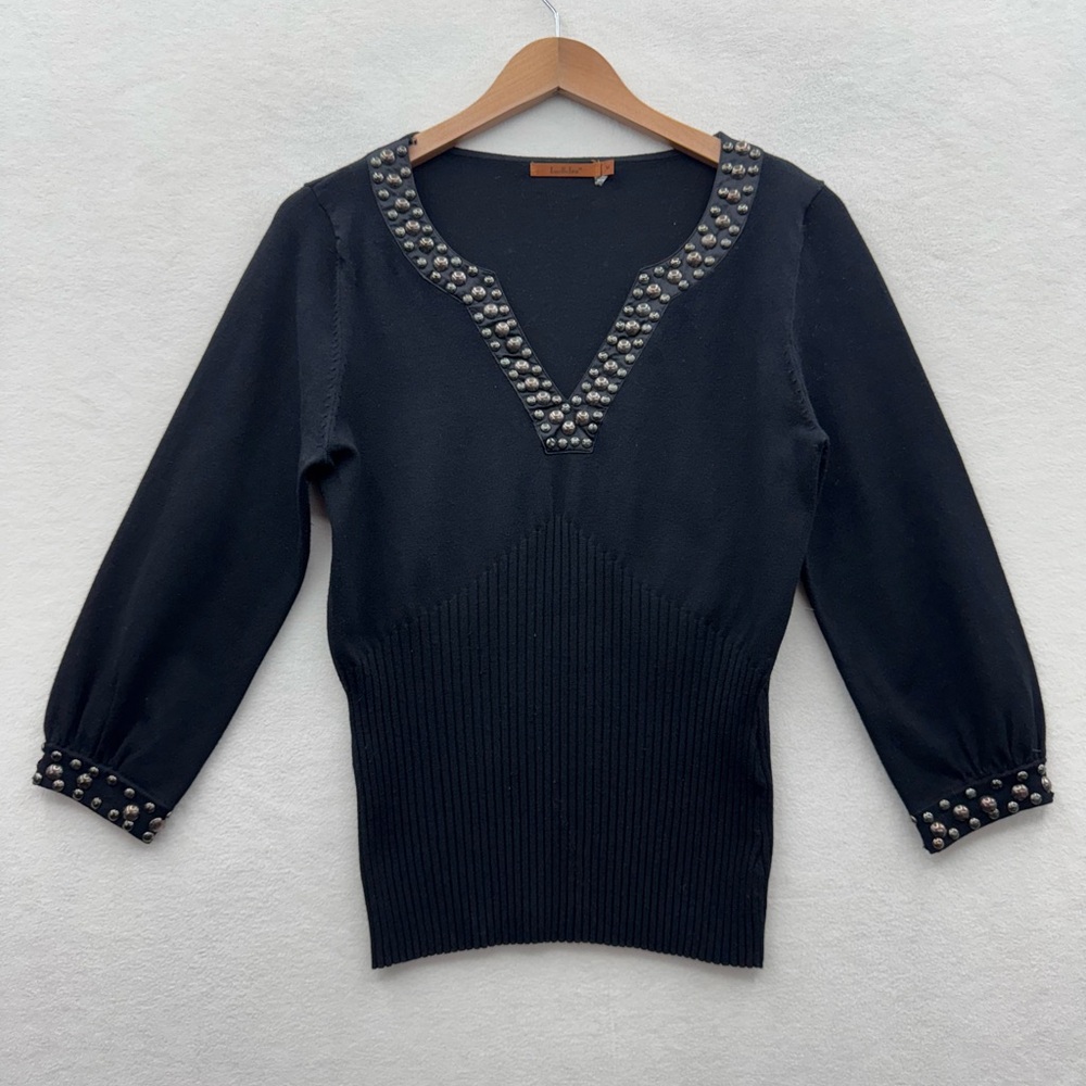 Belldini Women's Medium Black Studded Leather Like Trim Sweater